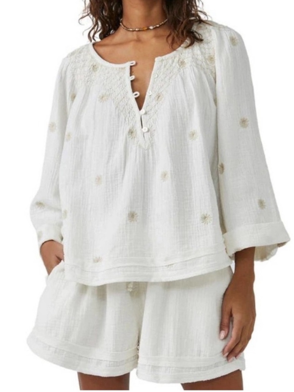 Free People Aldous Set White Embroidered Slub Cotton Medium